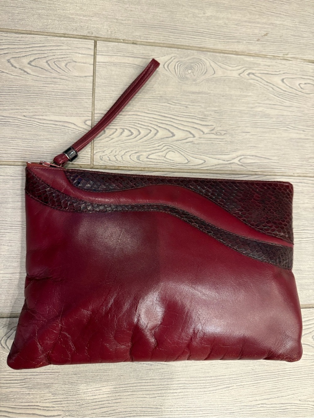 Ruth Saltz Vintage Burgundy genuine leather and snake skin Clutch